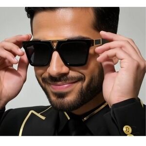 Square Sunglasses Men's Black Gold Accents Fashion UV400 Protection Street Wear‎